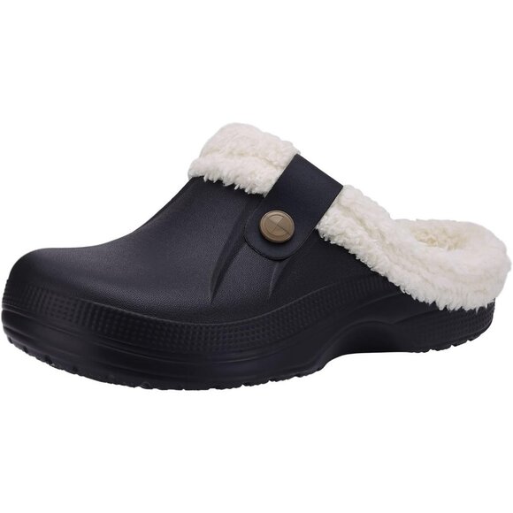 Women Black/White Clogs Waterproof Winter Fuzzy Slippers Classic Fur Lined - Picture 1 of 6